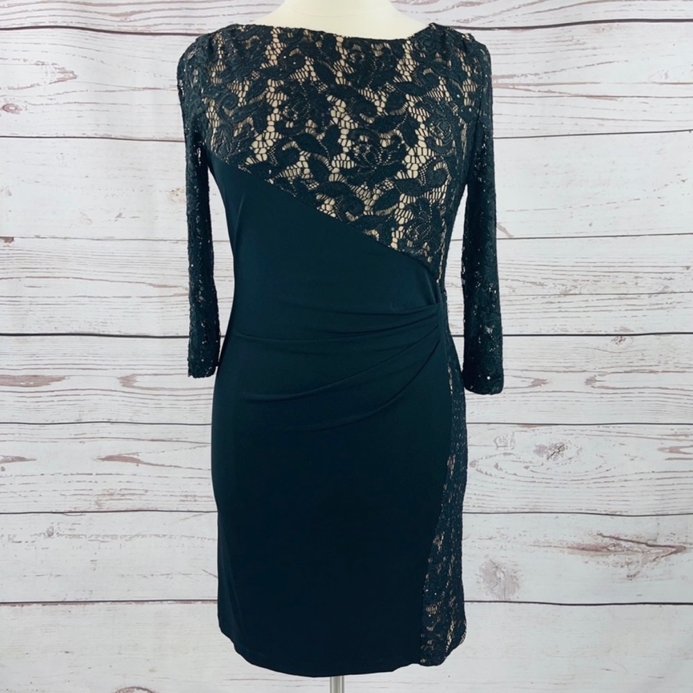 Tahari Arthur S. Levine Black lace silky sheath dress.